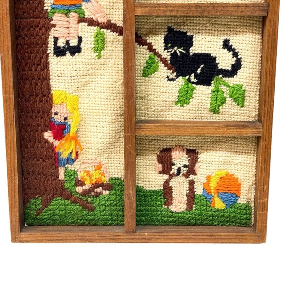 Vintage Needlepoint Childrens Room Kids Framed Climbing Tree Cat Nursery - Picture 4 of 10